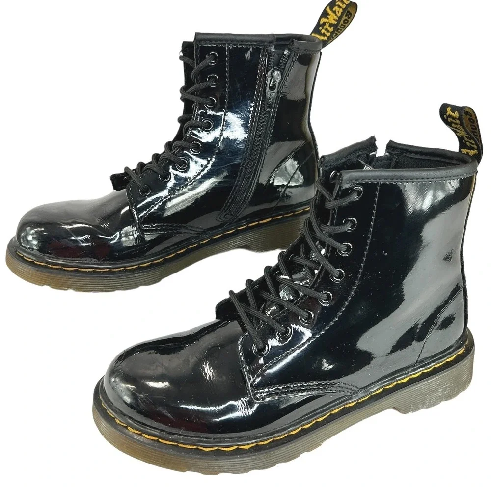 Dr. Martens 1460 J Patent Leather Lace Up Side Zip Ankle Boots Black Kids Size 3
